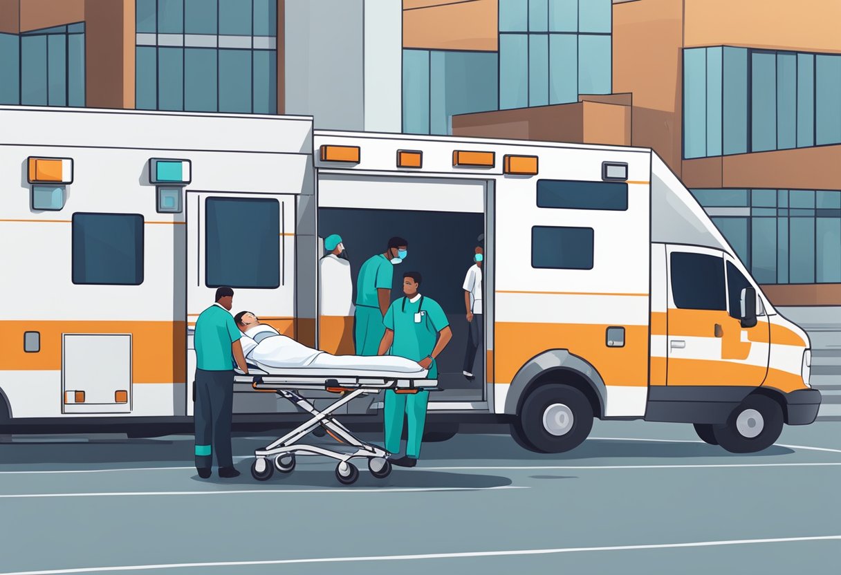 Uma equipe médica respondendo a uma emergência, com uma ambulância estacionada do lado de fora de um hospital, e membros da equipe atendendo a um paciente em uma maca.