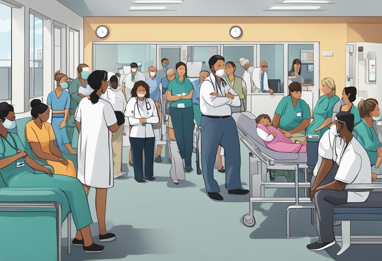 Uma sala de emergência movimentada, com a equipe médica atendendo pacientes, enquanto familiares preocupados aguardam ansiosamente na área de espera.