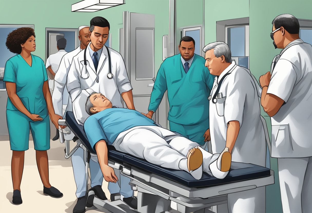 Uma pessoa sendo contida e levada para uma instalação médica por um grupo de indivíduos com aparência severa.