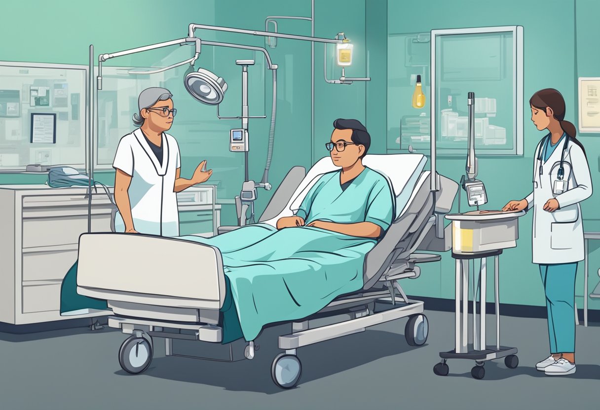 Um paciente em uma cama de hospital, cercado por equipamentos médicos, com um médico preocupado e um membro da família discutindo seus direitos e dignidade.