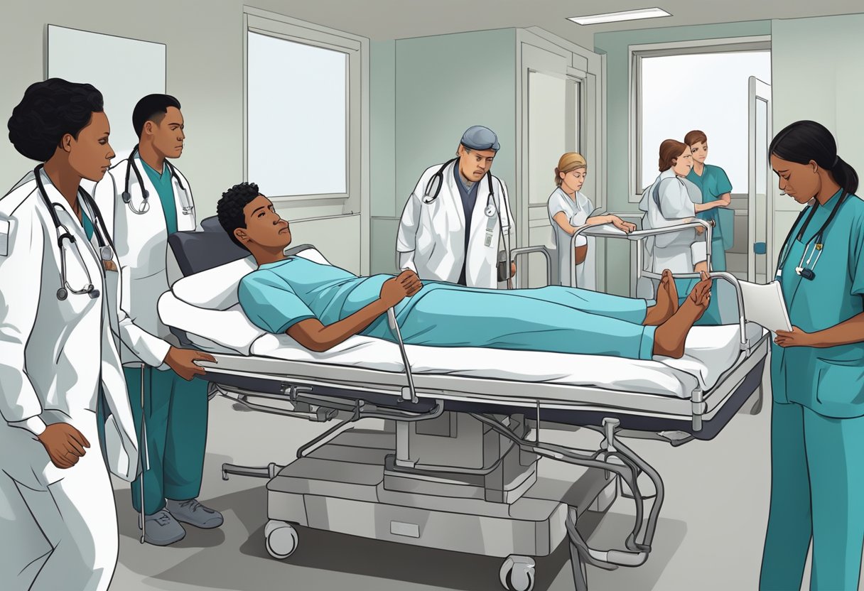 Uma pessoa lutando contra as amarras em uma cama de hospital, cercada por uma equipe médica preocupada.