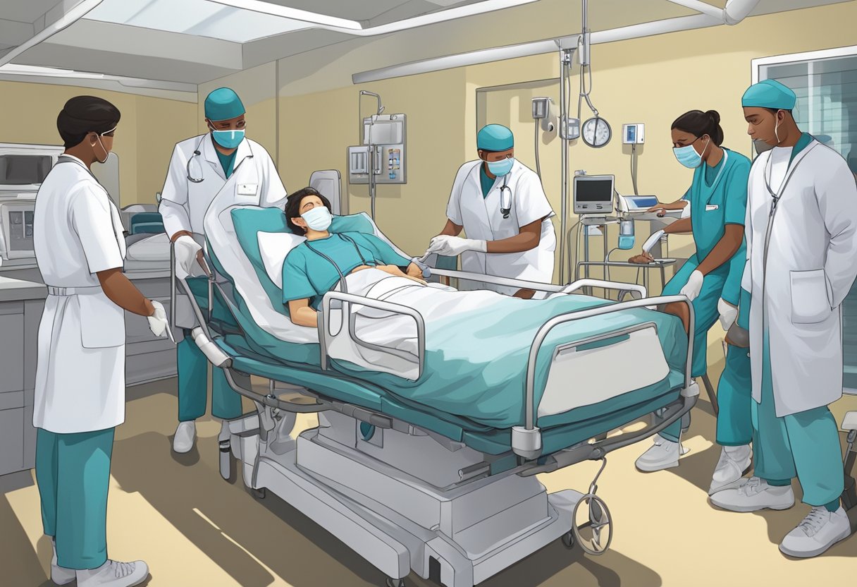 Uma pessoa sendo contida em uma cama de hospital, cercada por equipe médica e equipamentos.
