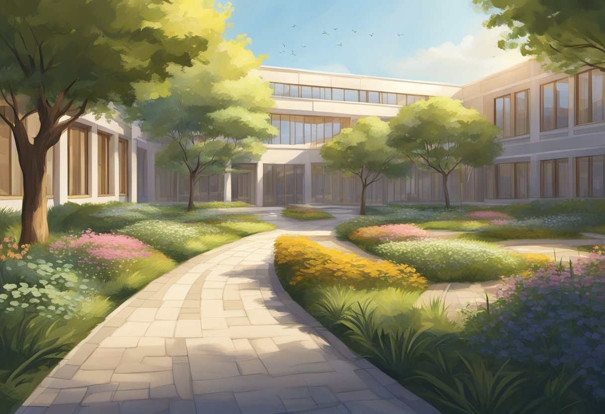 Um pátio sereno e iluminado pelo sol, com um jardim tranquilo e um caminho levando a uma instalação psiquiátrica moderna