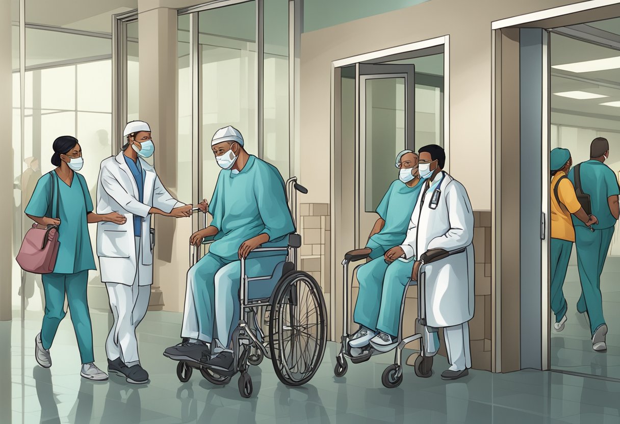 Um grupo de pacientes psiquiátricos sendo escoltado por funcionários médicos para fora de um prédio hospitalar.