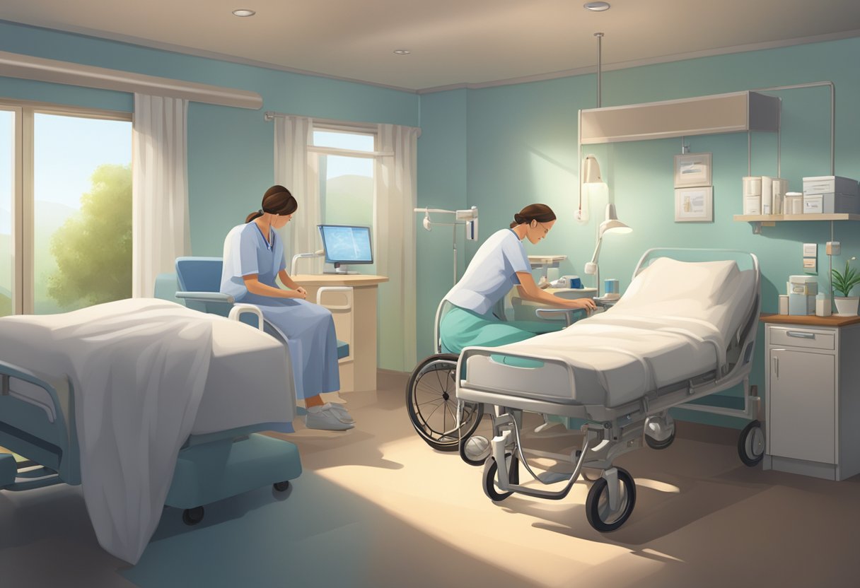 Um quarto de hospital sereno com uma cama confortável, iluminação suave e decoração tranquilizadora. Uma enfermeira ajuda gentilmente um paciente em uma cadeira de rodas, cercado por uma atmosfera calmante.