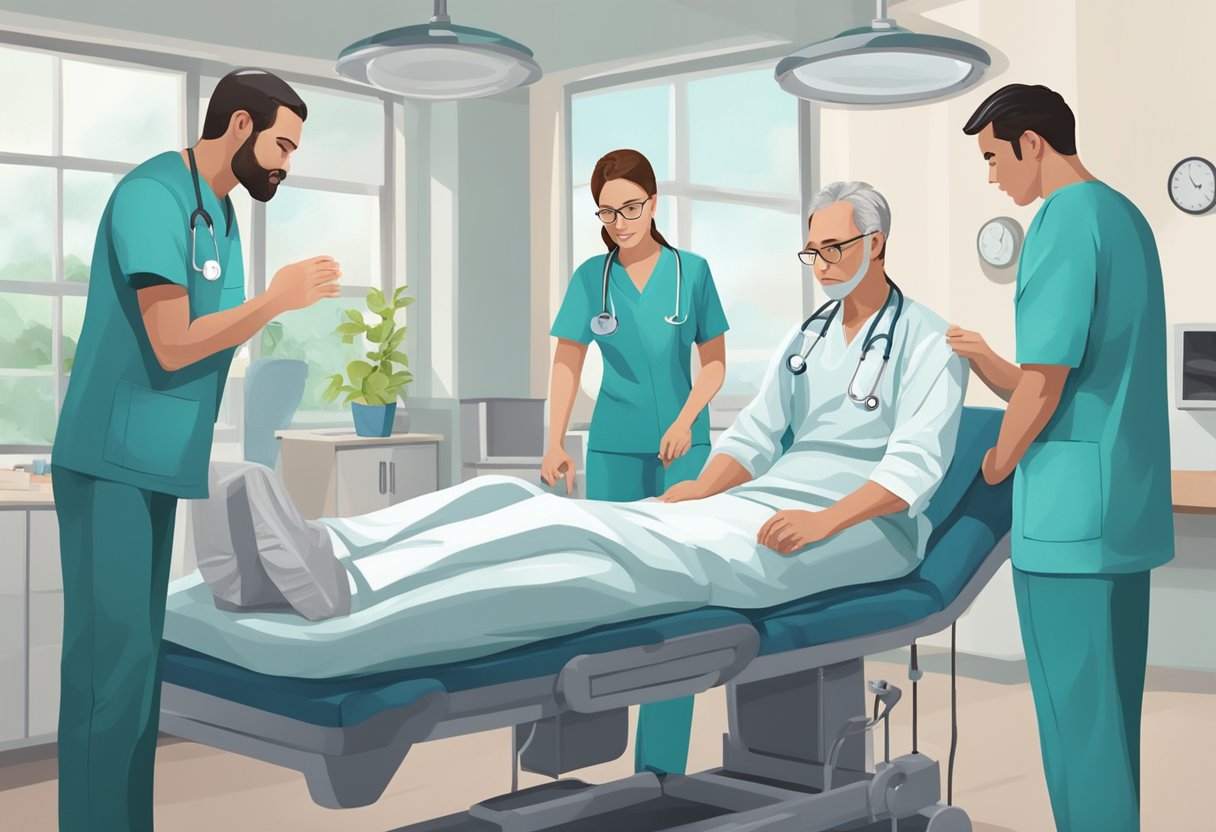 Uma equipe de profissionais médicos assistindo a um paciente psiquiátrico em um ambiente calmo e de apoio.