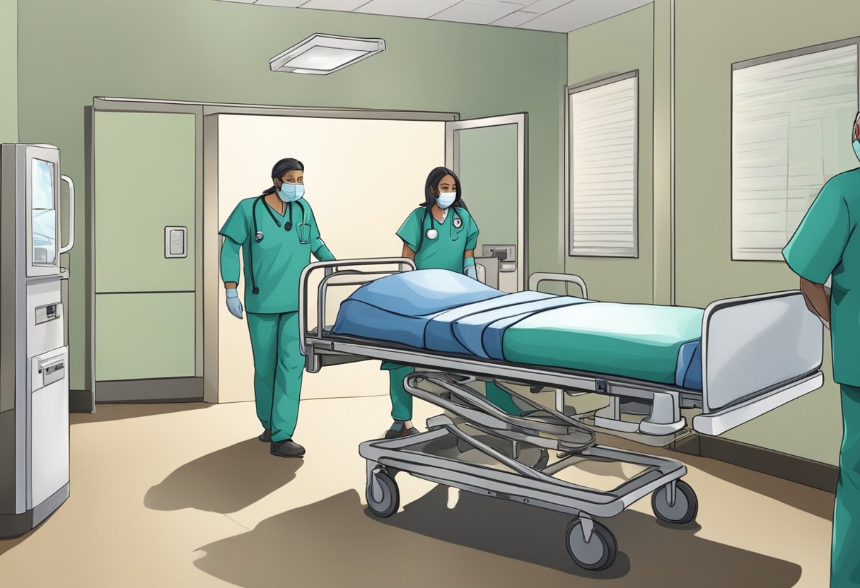 Remoções Hospitalares: Procedimentos e Desafios no Transporte de Pacientes 2 Uma cama de hospital sendo retirada de uma sala por dois profissionais de saúde