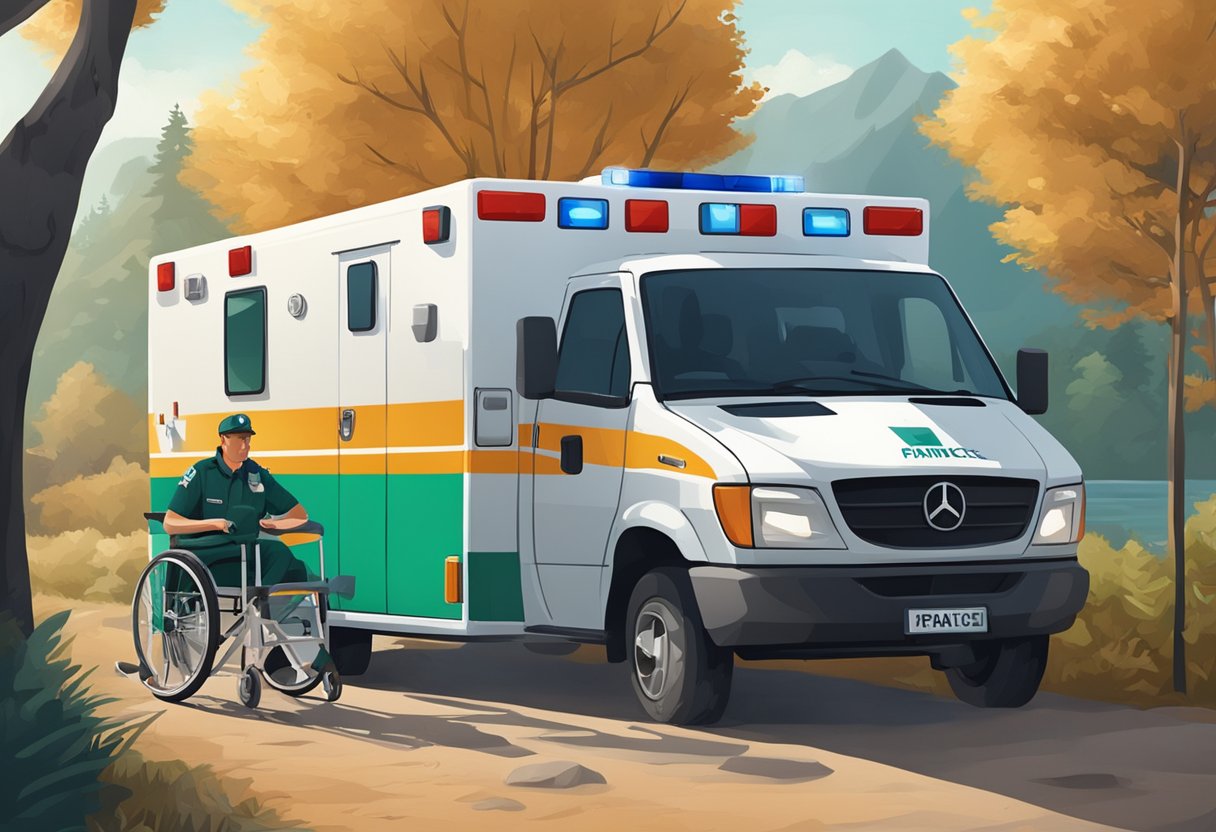 Remoções Hospitalares: Procedimentos e Desafios no Transporte de Pacientes 4 Uma ambulância estacionada do lado de fora de uma área protegida, com paramédicos carregando uma maca em direção ao veículo.