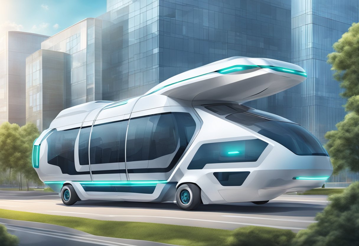 Remoções Hospitalares: Procedimentos e Desafios no Transporte de Pacientes 6 Um veículo de transporte médico futurista flutua acima de um hospital, pronto para transportar pacientes para instalações de cuidados avançados.