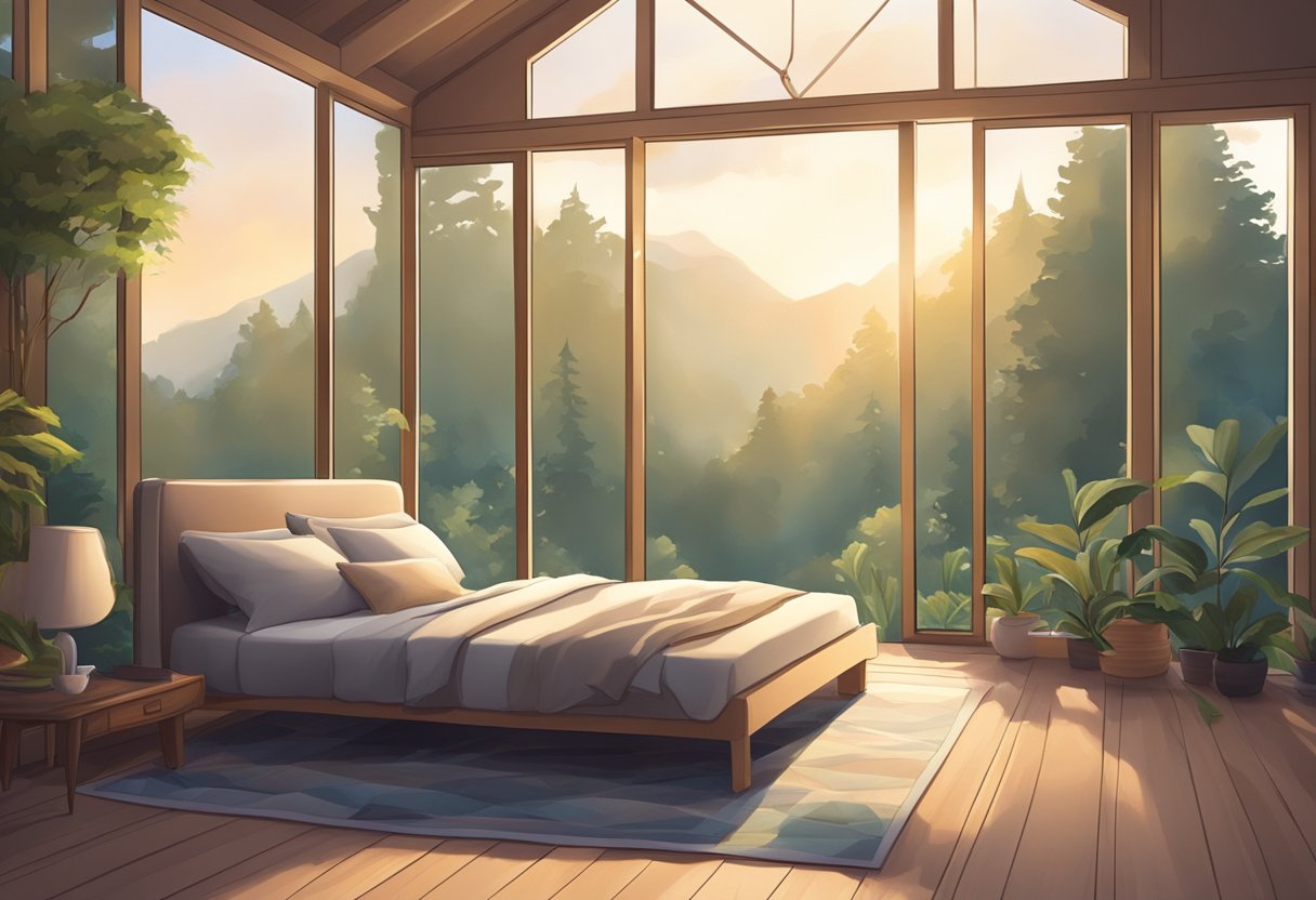 Um quarto tranquilo com uma cama confortável e iluminação suave, cercado por cenas da natureza calmantes e música relaxante.