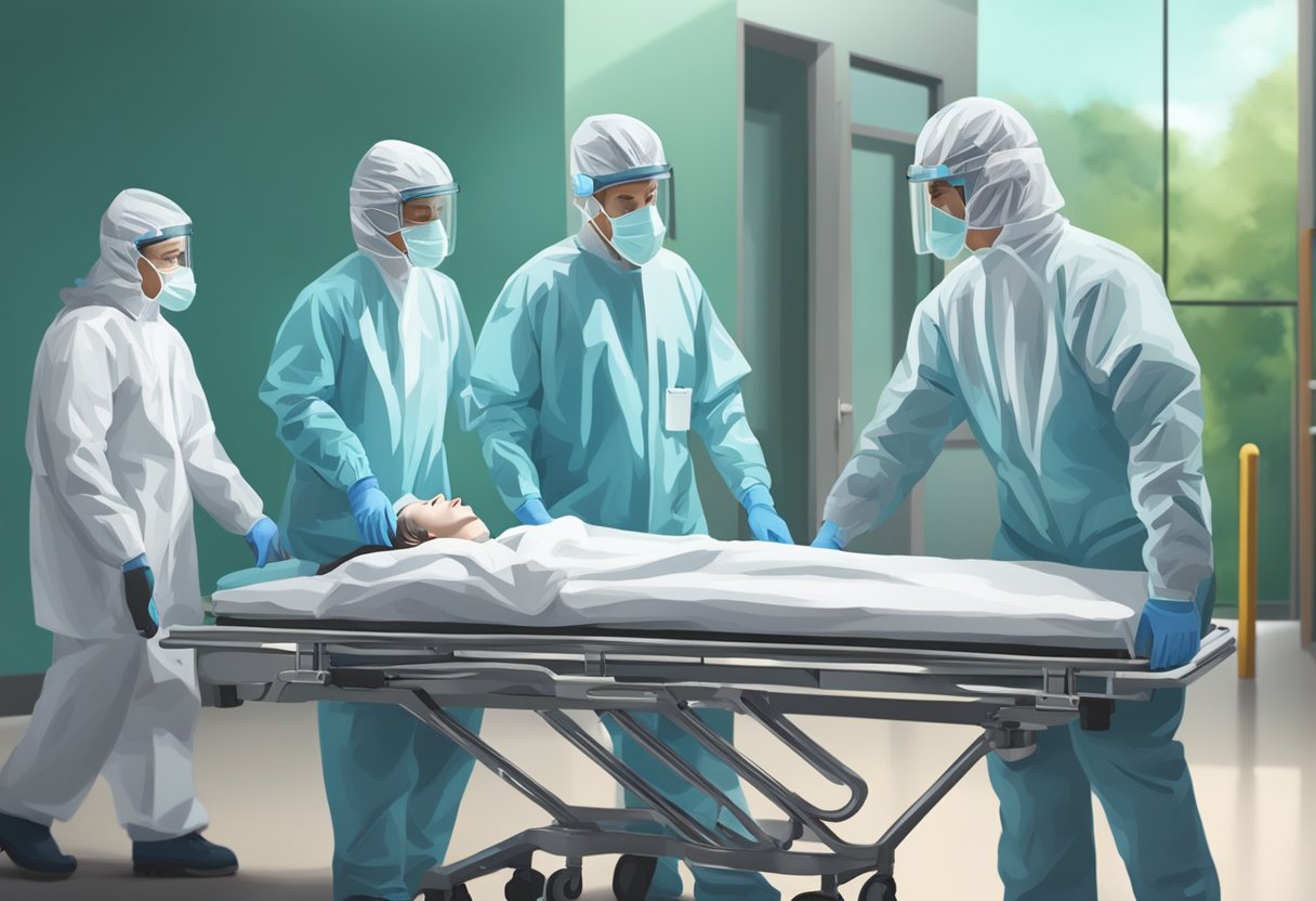 Uma equipe de profissionais médicos com equipamentos de proteção acompanhando um paciente em uma maca de uma instalação psiquiátrica