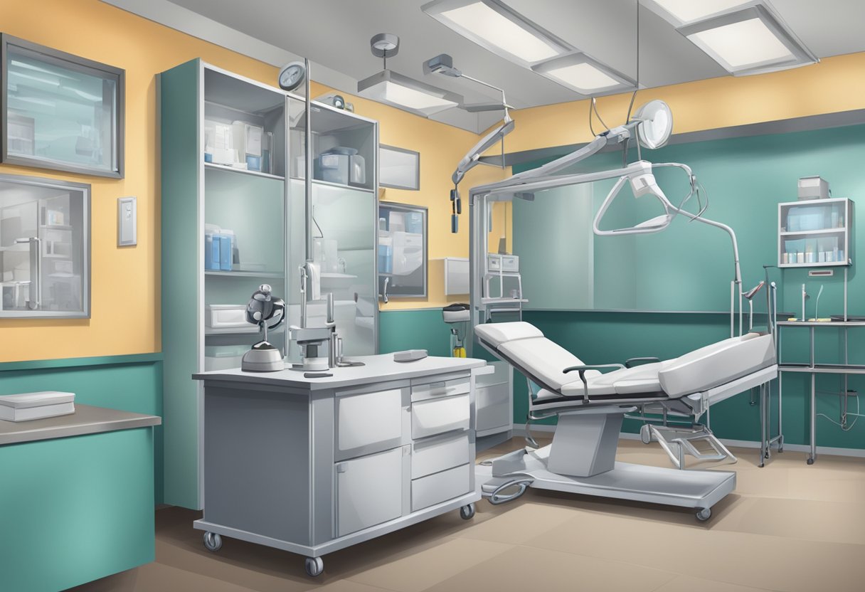 Uma cena de remoção psiquiátrica com equipamentos médicos e infraestrutura