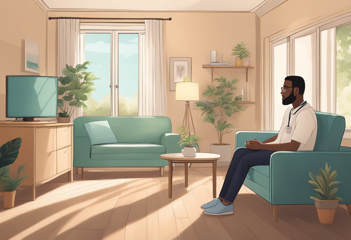 Um paciente sentado em uma sala tranquila com iluminação suave, cercado por cores calmantes e móveis confortáveis, recebendo cuidados psiquiátricos.