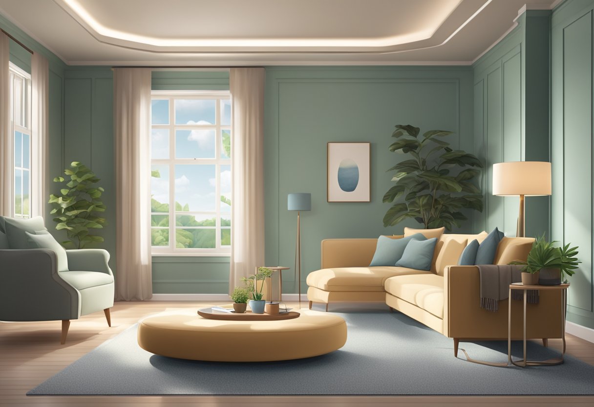 Uma sala tranquila com assentos confortáveis e iluminação suave, uma atmosfera calma e pacífica, com uma sensação de segurança e apoio.