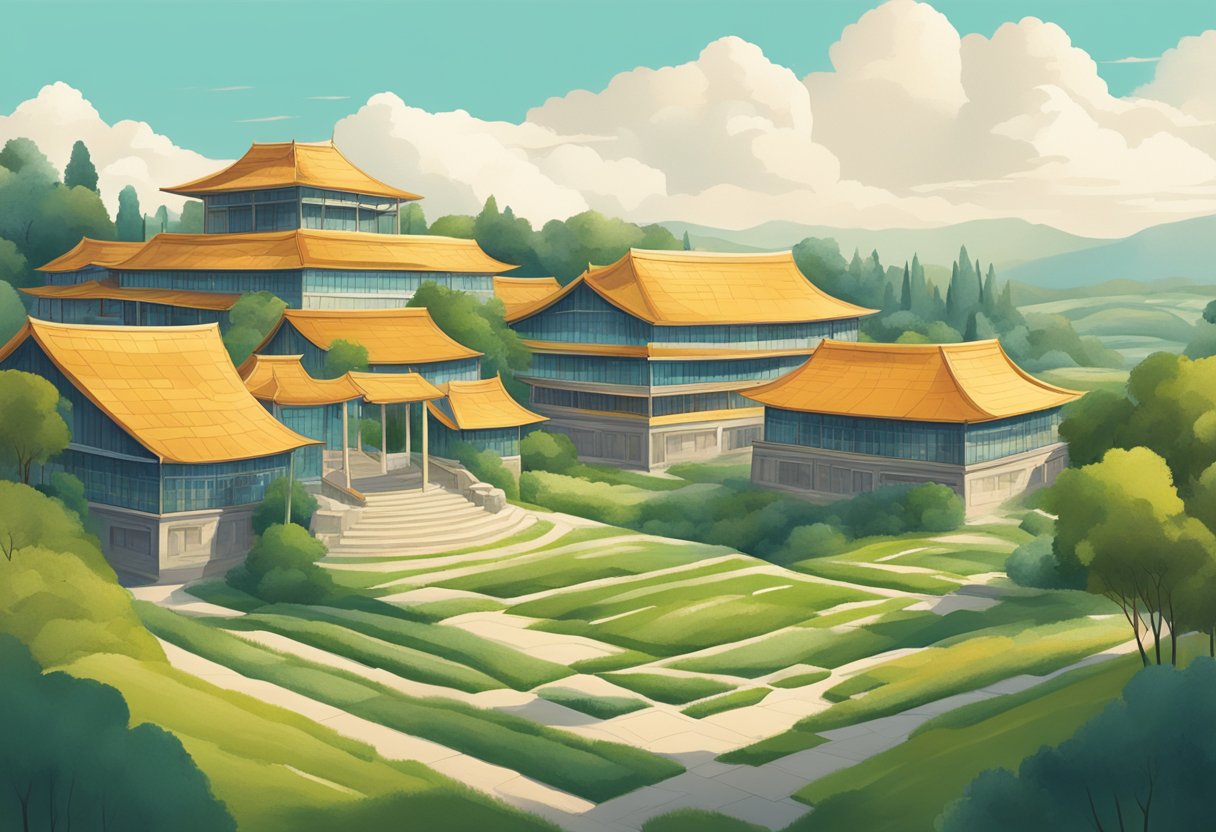 Um campo sereno com arquitetura regional tradicional justaposta a estruturas globais modernas, simbolizando a mudança nos cuidados psiquiátricos.