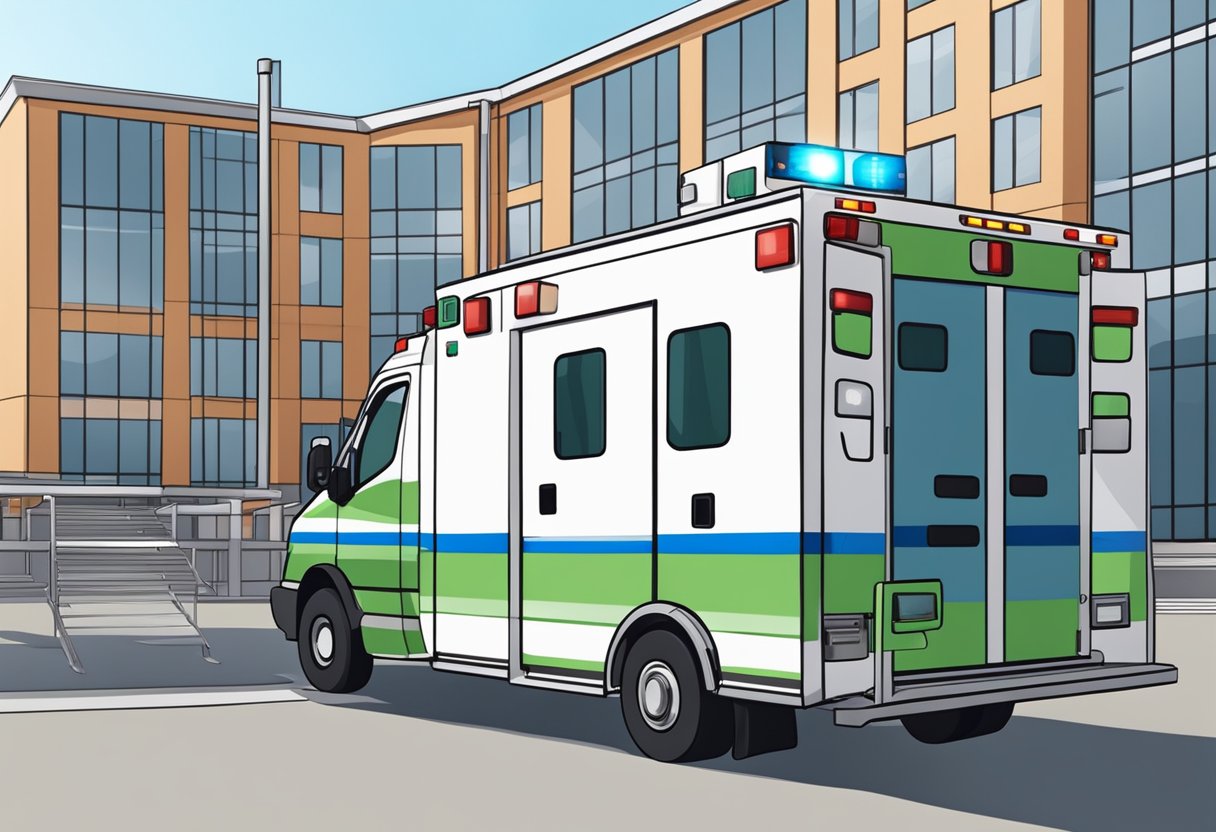 Uma ambulância moderna estacionada do lado de fora de um hospital, com suas luzes piscando e as portas traseiras abertas, pronta para a resposta a emergências.