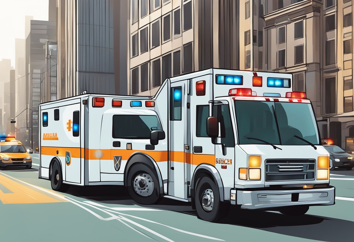 Uma ambulância acelerando pelas ruas da cidade com sirenes soando e luzes piscando