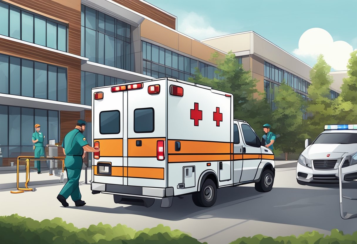 Uma ambulância estacionada do lado de fora de um hospital, com paramédicos descarregando equipamentos médicos e se preparando para atender um paciente.