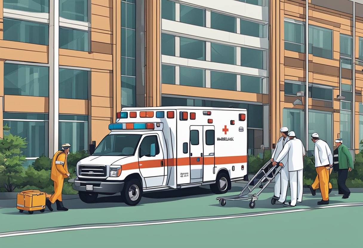Transporte UTI Móvel: Soluções Avançadas em Emergências Médicas 6 Uma ambulância estacionada do lado de fora de um hospital, com a equipe médica descarregando equipamentos e se preparando para transportar um paciente.