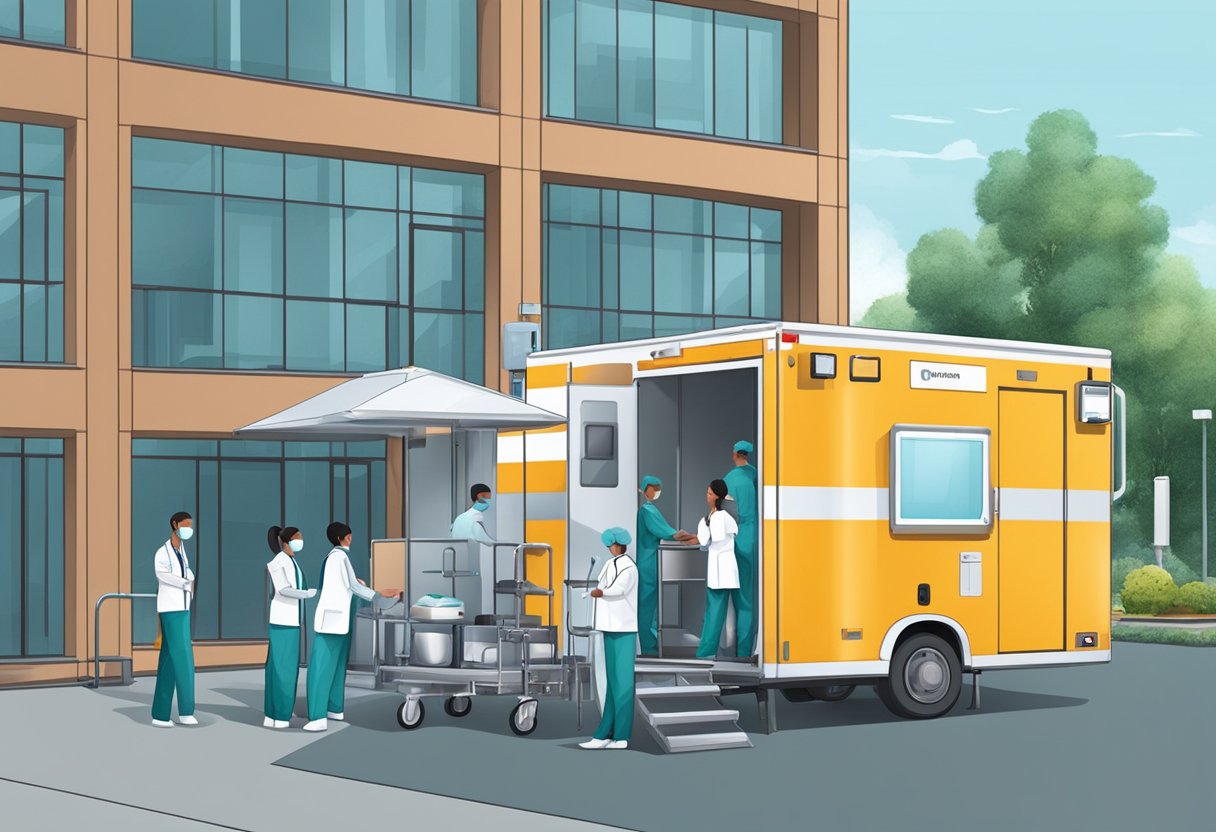 Transporte UTI Móvel: Soluções Avançadas em Emergências Médicas 7 Uma unidade médica móvel estacionada do lado de fora de um hospital, com a equipe descarregando equipamentos e se preparando para transportar pacientes.