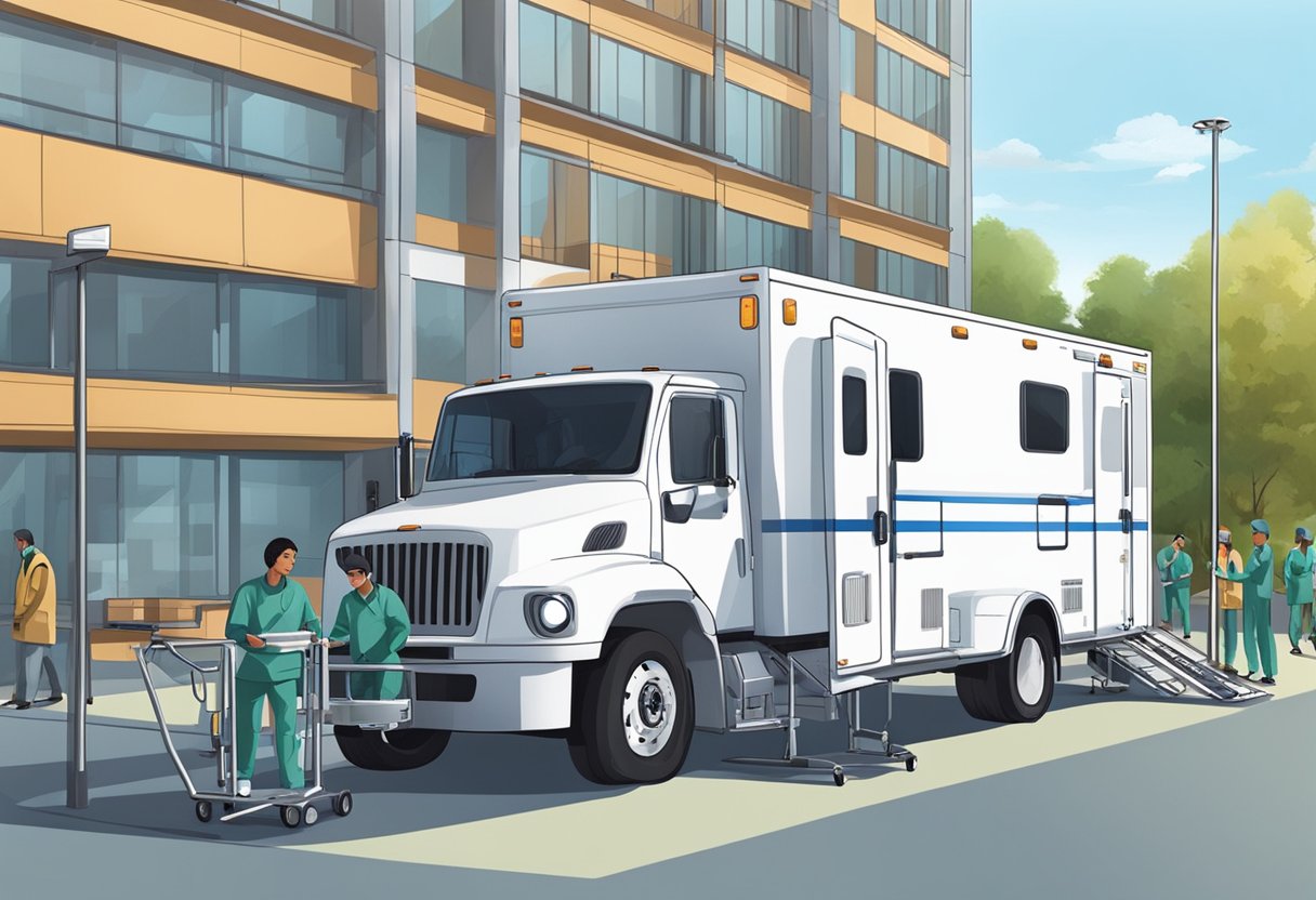 Transporte UTI Móvel: Soluções Avançadas em Emergências Médicas 8 Uma unidade médica móvel estacionada do lado de fora de um hospital, com a equipe descarregando equipamentos e se preparando para transportar pacientes.