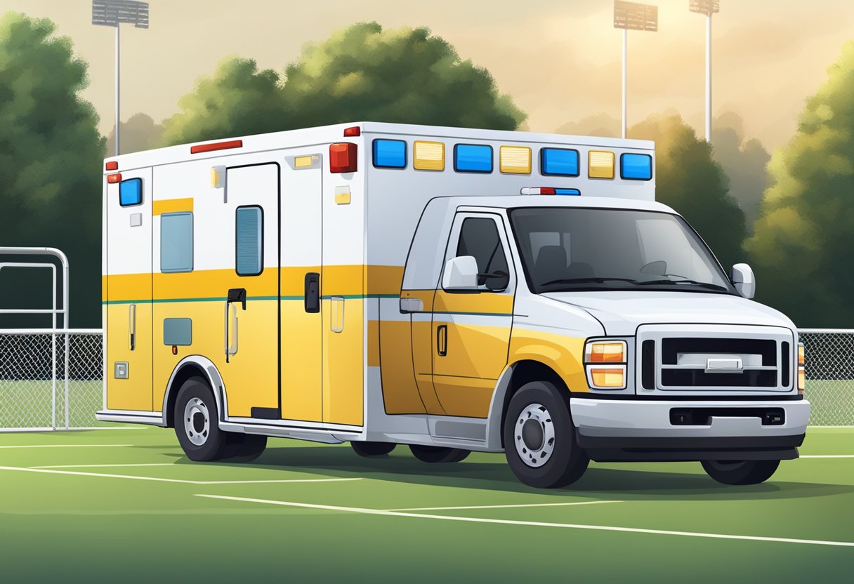 Uma ambulância estacionada perto de um campo esportivo, com equipamentos médicos visíveis através das portas traseiras abertas. A equipe médica está pronta nas proximidades.