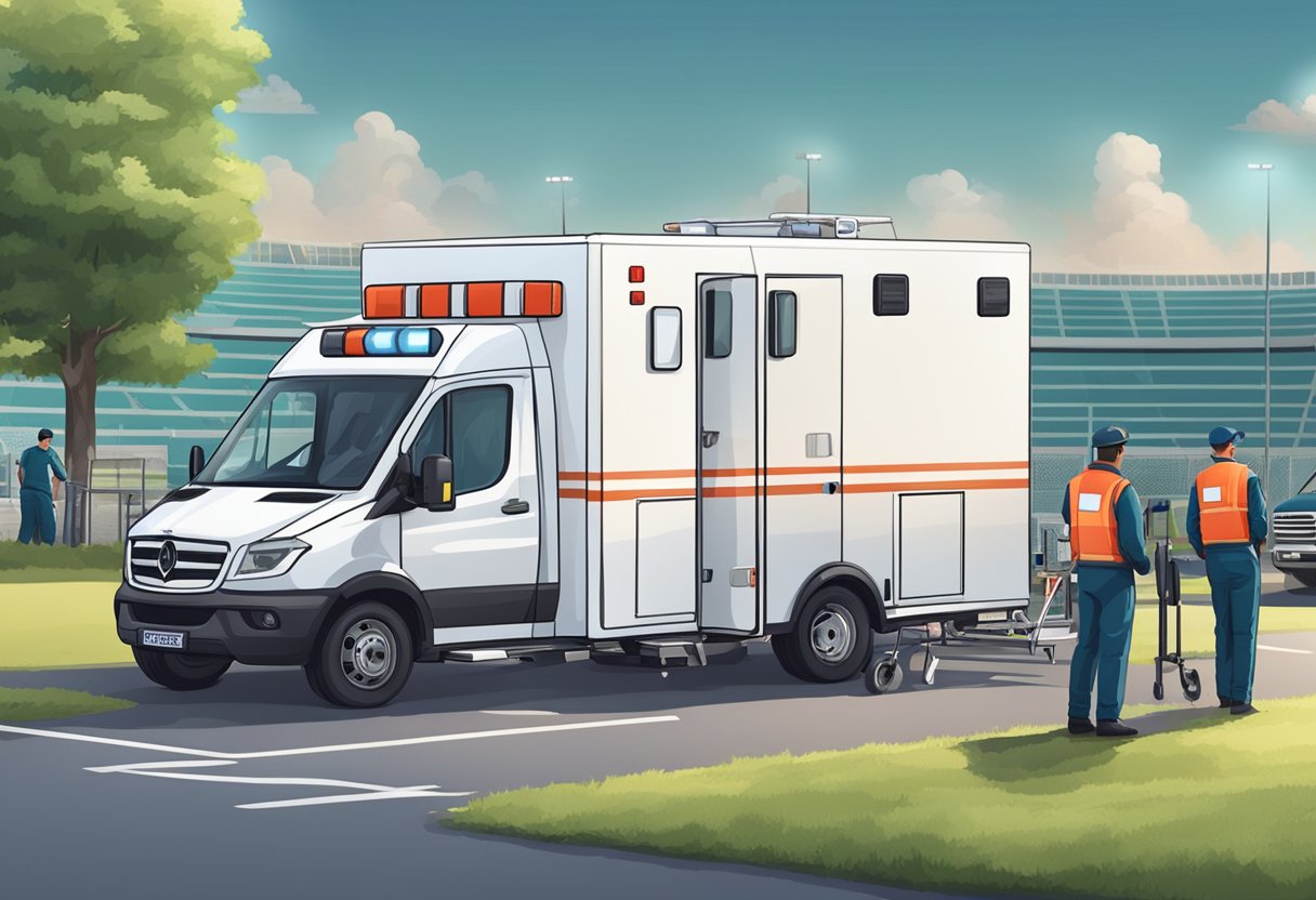 Uma ambulância estacionou perto de um campo esportivo, com a equipe médica preparando equipamentos e uma maca para possíveis emergências.