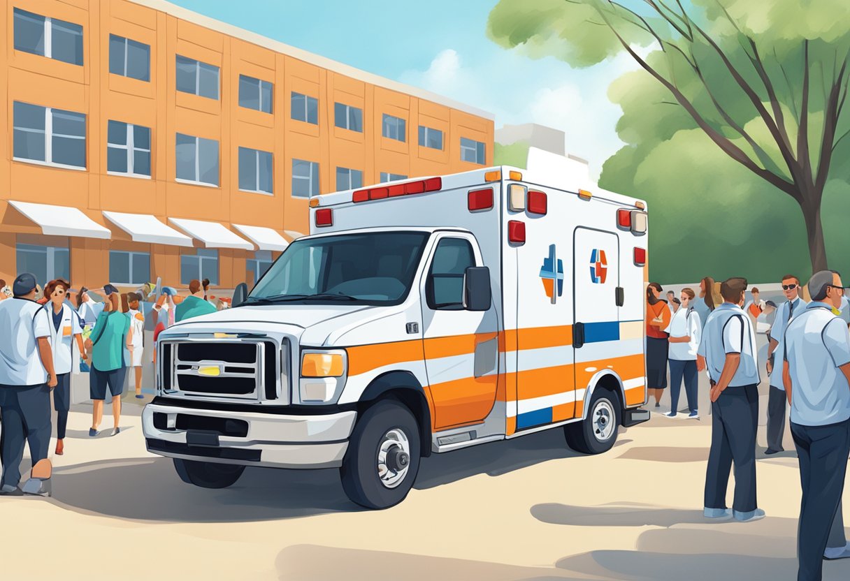 Uma ambulância estacionada em um evento esportivo com profissionais de saúde presentes