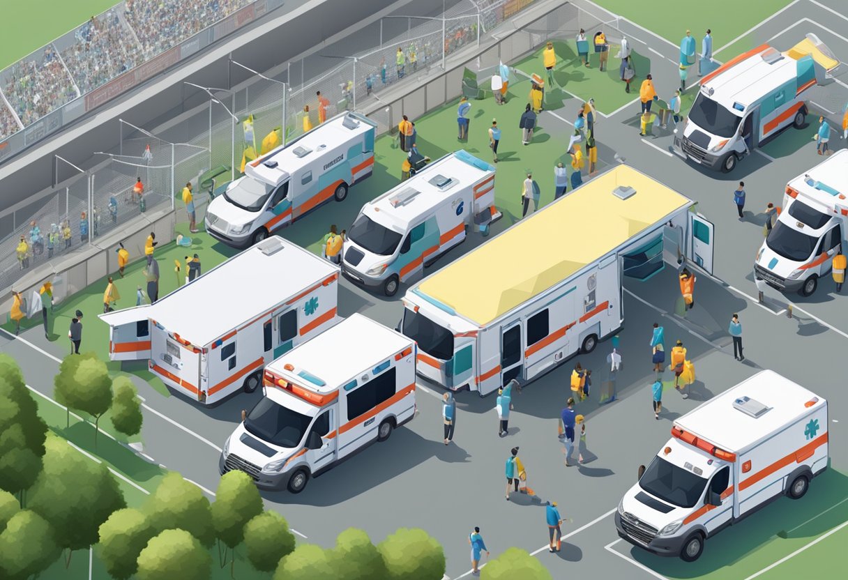 Uma ambulância estacionada perto de um evento esportivo, com equipamentos médicos e infraestrutura montada para suporte.