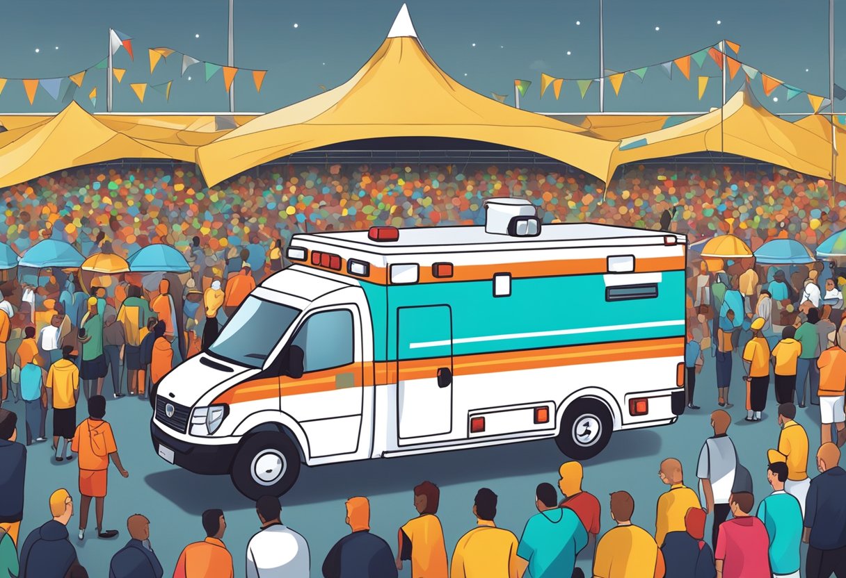 Uma ambulância estacionada perto de um evento esportivo, com sinalização clara e luzes de emergência acesas, cercada por uma multidão e equipe do evento.
