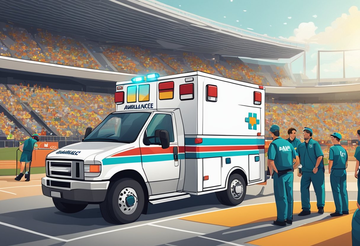 Uma ambulância estacionada perto de um estádio esportivo, com paramédicos atendendo a um atleta ferido enquanto espectadores e funcionários do evento observam.