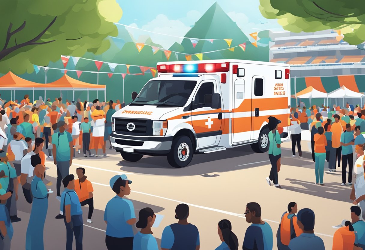 Uma ambulância estacionada perto de um evento esportivo, com multidões ao fundo e pessoal médico pronto para qualquer emergência.