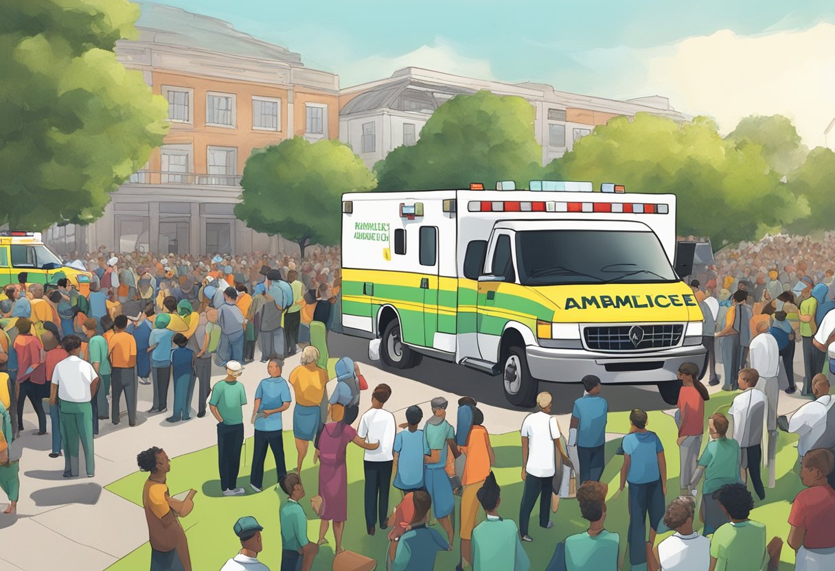 Uma ambulância estacionada em um evento ao ar livre, com paramédicos atendendo a um paciente em uma maca enquanto uma multidão observa.