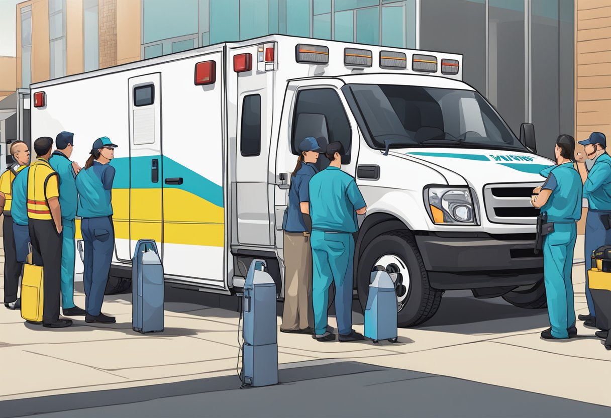 Uma ambulância personalizada estacionada em um local de evento, com a equipe discutindo logística e equipamentos.