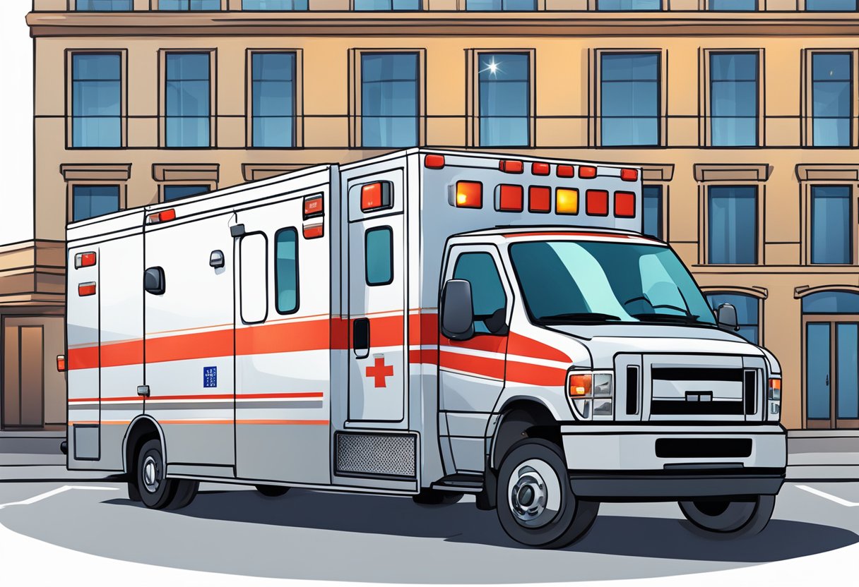 Uma ambulância estacionada do lado de fora de um local de evento, com suas luzes piscando e equipamentos médicos visíveis através das janelas.