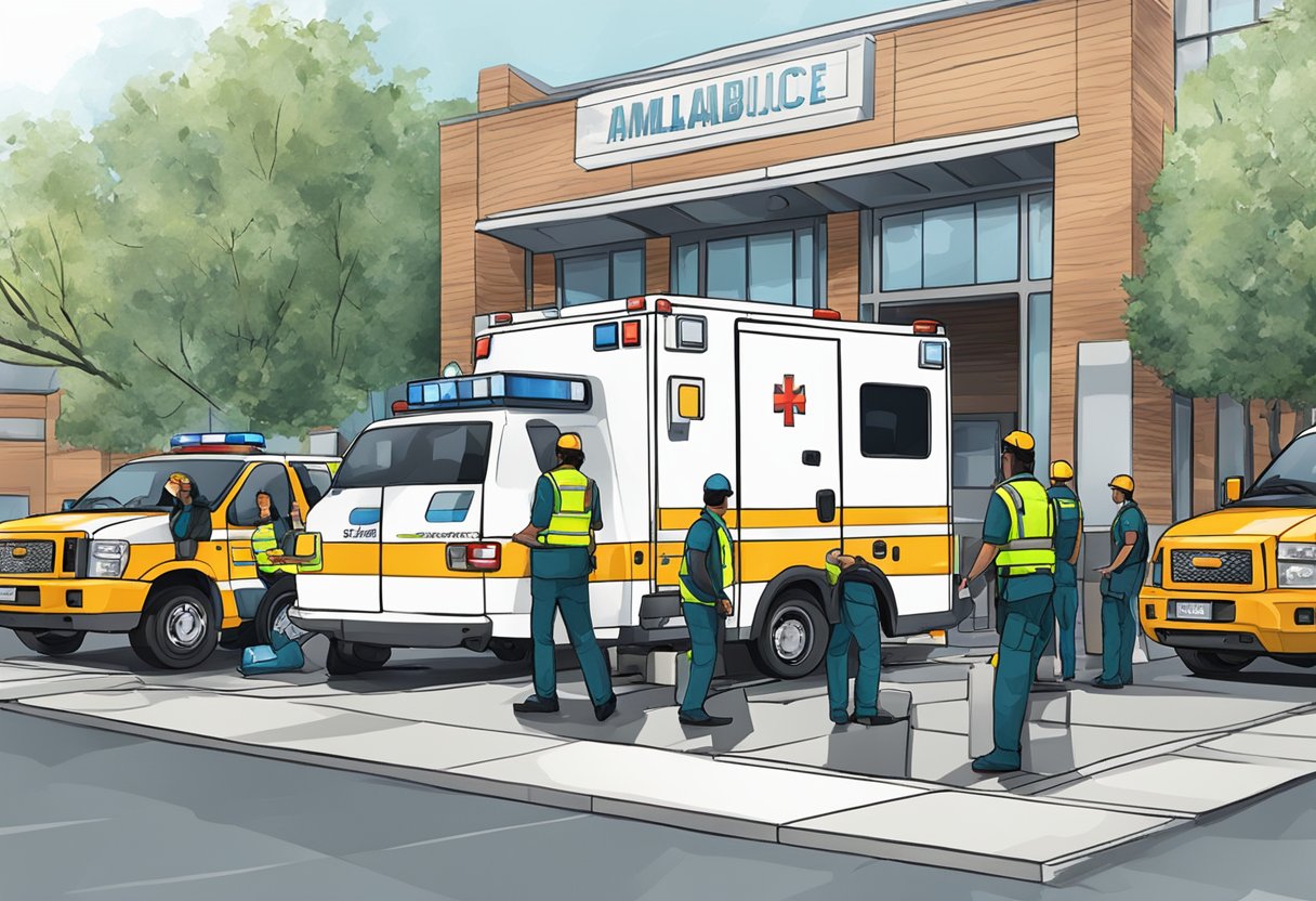 Uma ambulância estacionada do lado de fora de um local de evento, com paramédicos descarregando equipamentos e se preparando para o serviço.