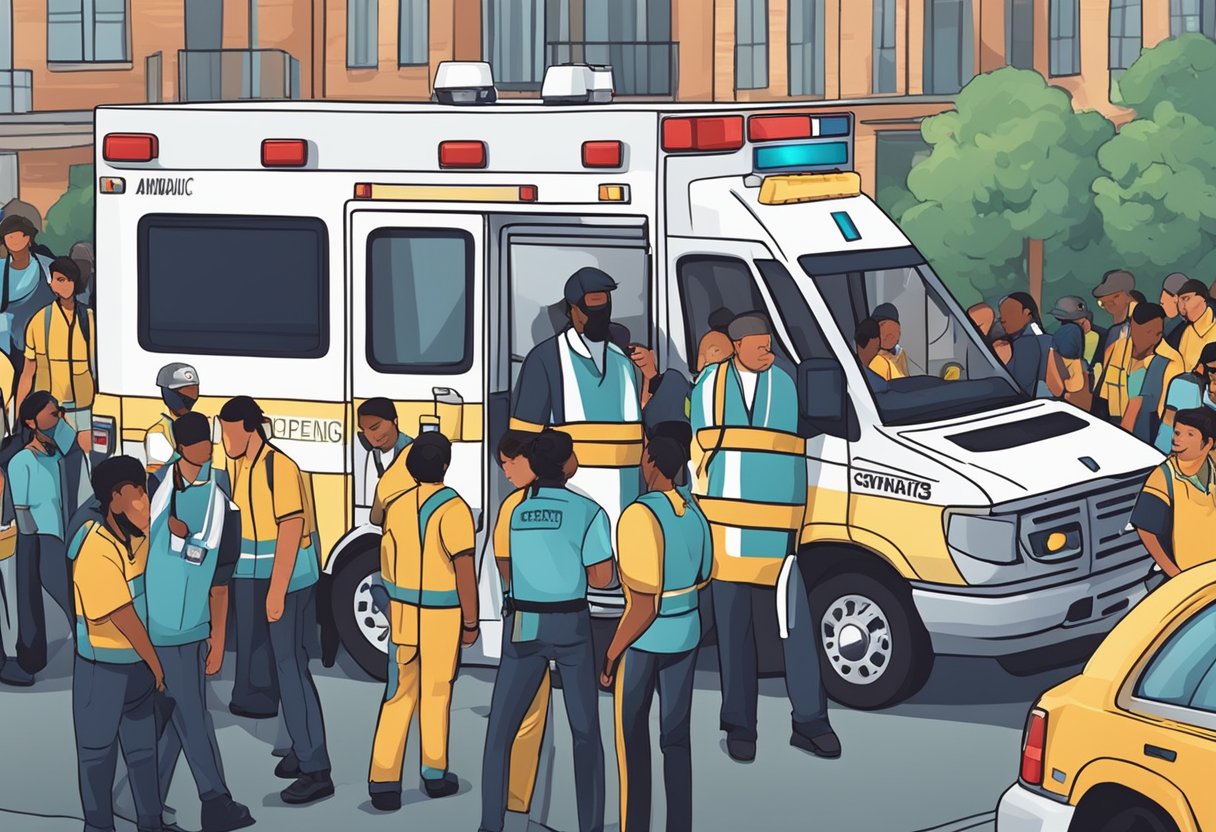 Uma ambulância estacionada perto de um evento lotado, com luzes de emergência piscando e profissionais de saúde atendendo a um paciente em uma maca.