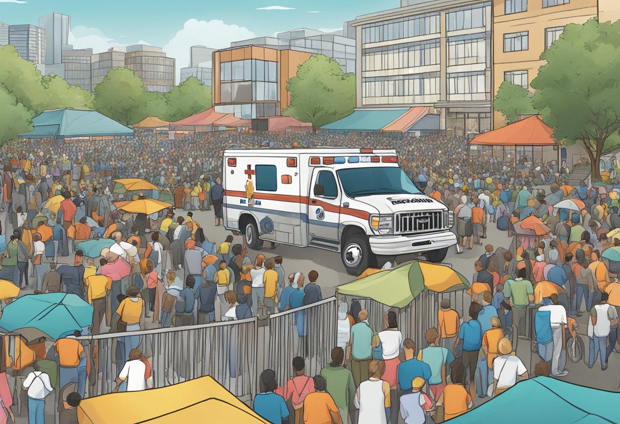 Um evento ao ar livre lotado com uma ambulância marcada estacionada nas proximidades, cercada por sinalização indicando requisitos legais