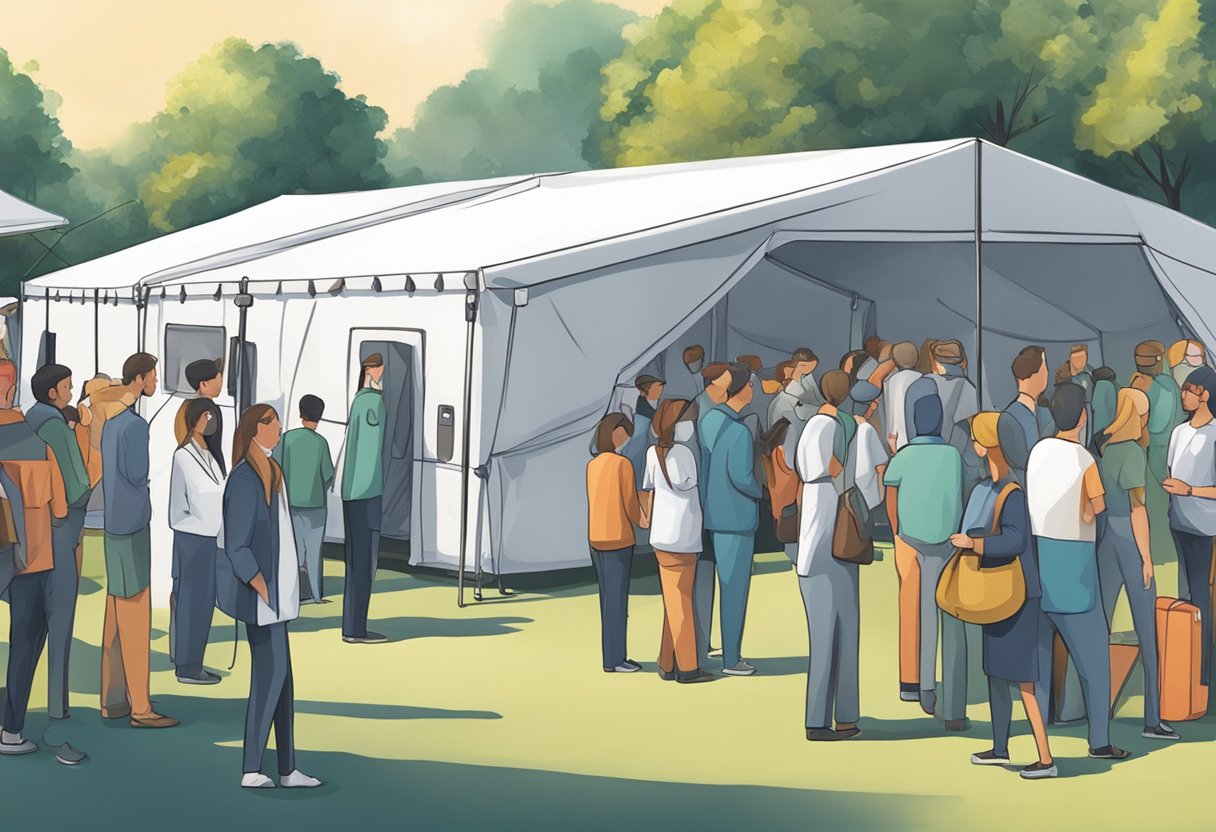 Uma tenda médica com uma ambulância estacionada nas proximidades em um evento lotado
