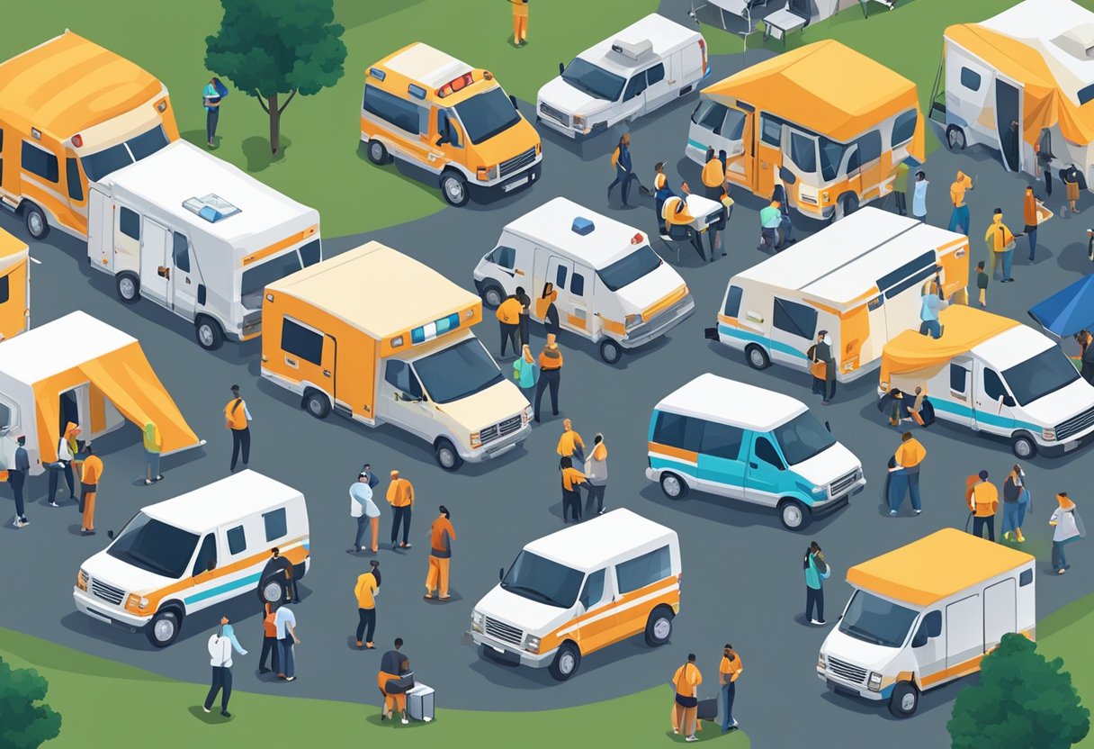 Um evento movimentado com pessoas, tendas e palcos, com uma ambulância estacionada próxima, pronta para qualquer emergência médica.