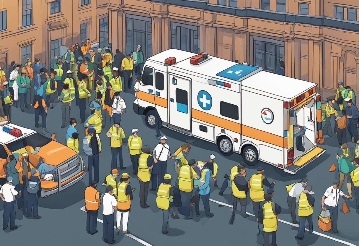 Uma ambulância estacionada do lado de fora de um local de evento lotado, com luzes piscando e paramédicos atendendo a um paciente em uma maca