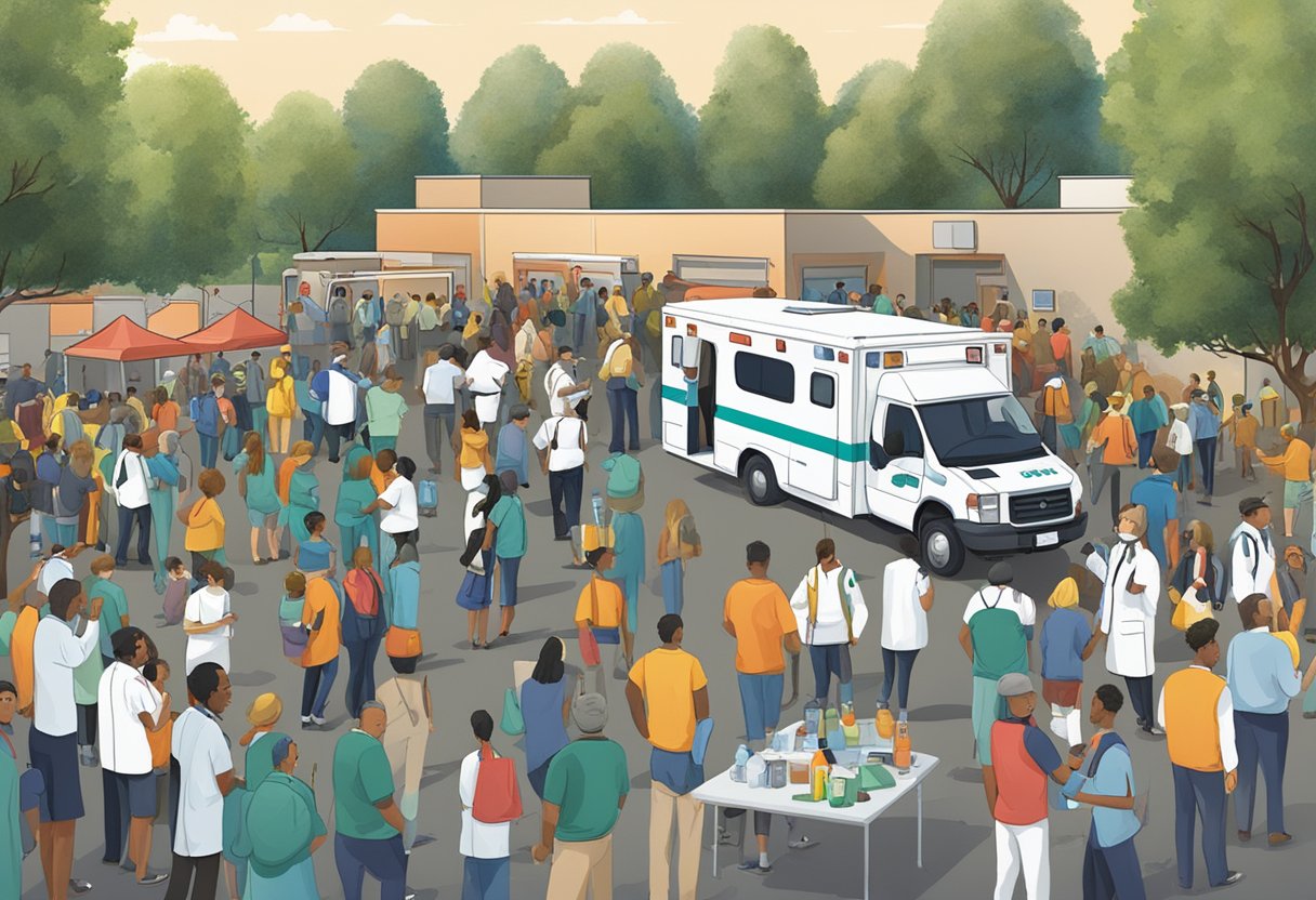 Um evento ao ar livre com uma multidão, onde uma ambulância está estacionada nas proximidades com profissionais de saúde atendendo a um paciente.