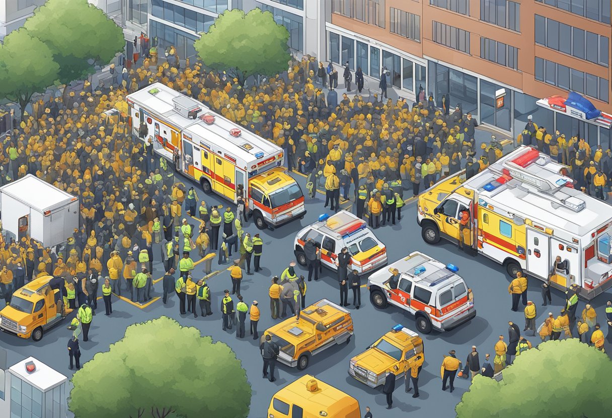 Um local de evento lotado com pessoal de emergência e ambulâncias em prontidão