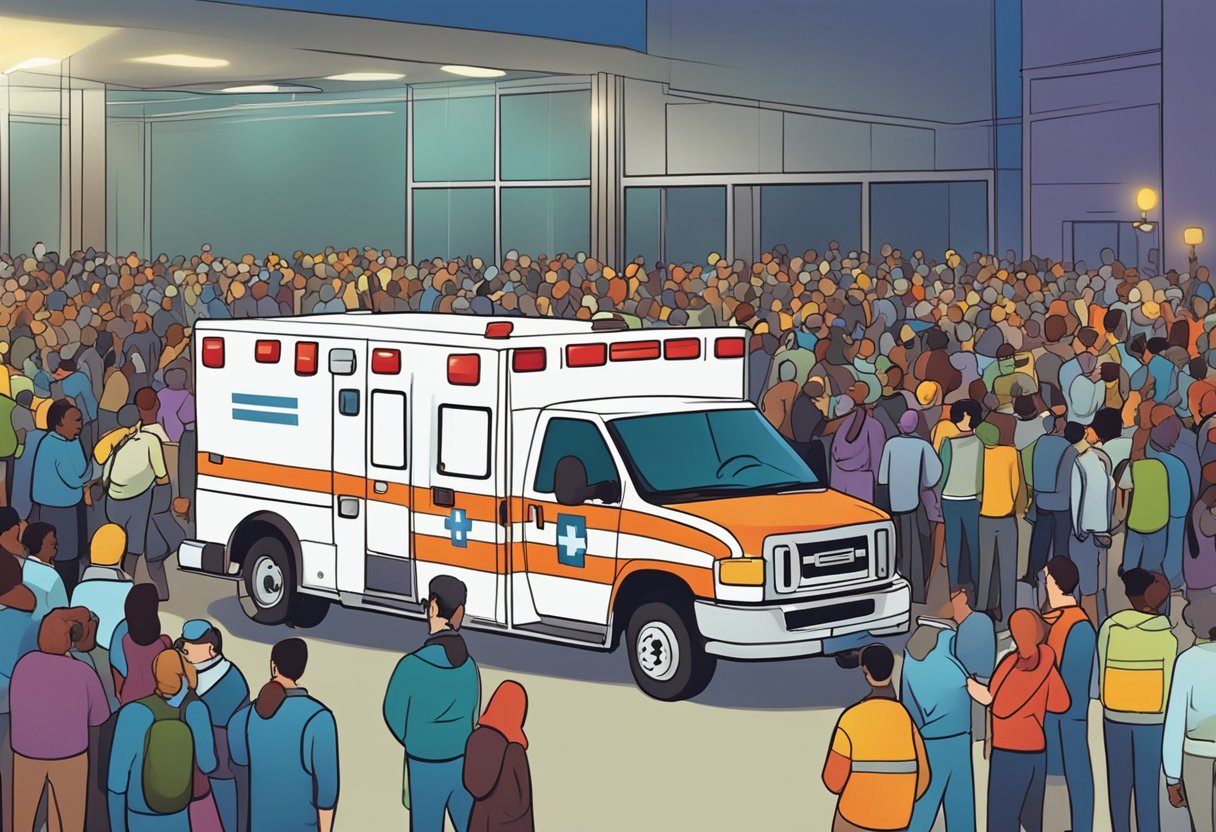 Um local de evento lotado com luzes de emergência piscando e um grupo de pessoas cercando uma ambulância, indicando a necessidade de assistência médica.