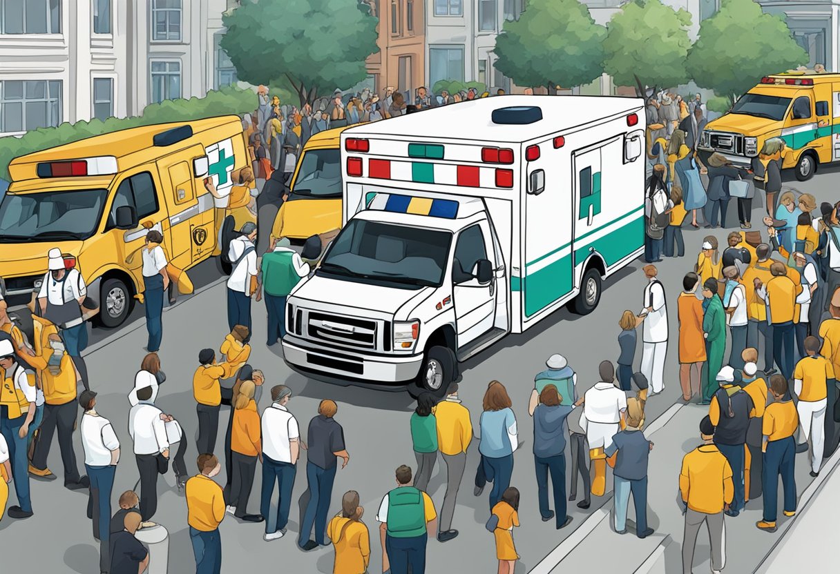 Quanto Custa Alugar uma Ambulância para Eventos: Fatores a Considerar 1 Uma ambulância estacionada em um evento lotado, com paramédicos ajudando uma pessoa