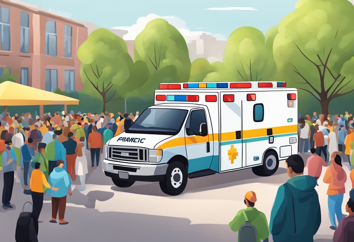 Quanto Custa Alugar uma Ambulância para Eventos: Fatores a Considerar 2 Uma ambulância estacionada em um evento ao ar livre, cercada por pessoas e vários equipamentos. Um paramédico está de pé nas proximidades, pronto para qualquer emergência médica.