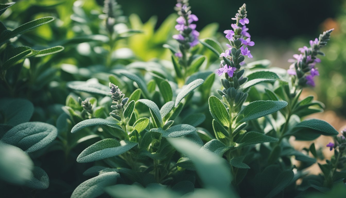 Sage plants in full bloom, surrounded by a variety of other herbs, creating a lush and vibrant garden