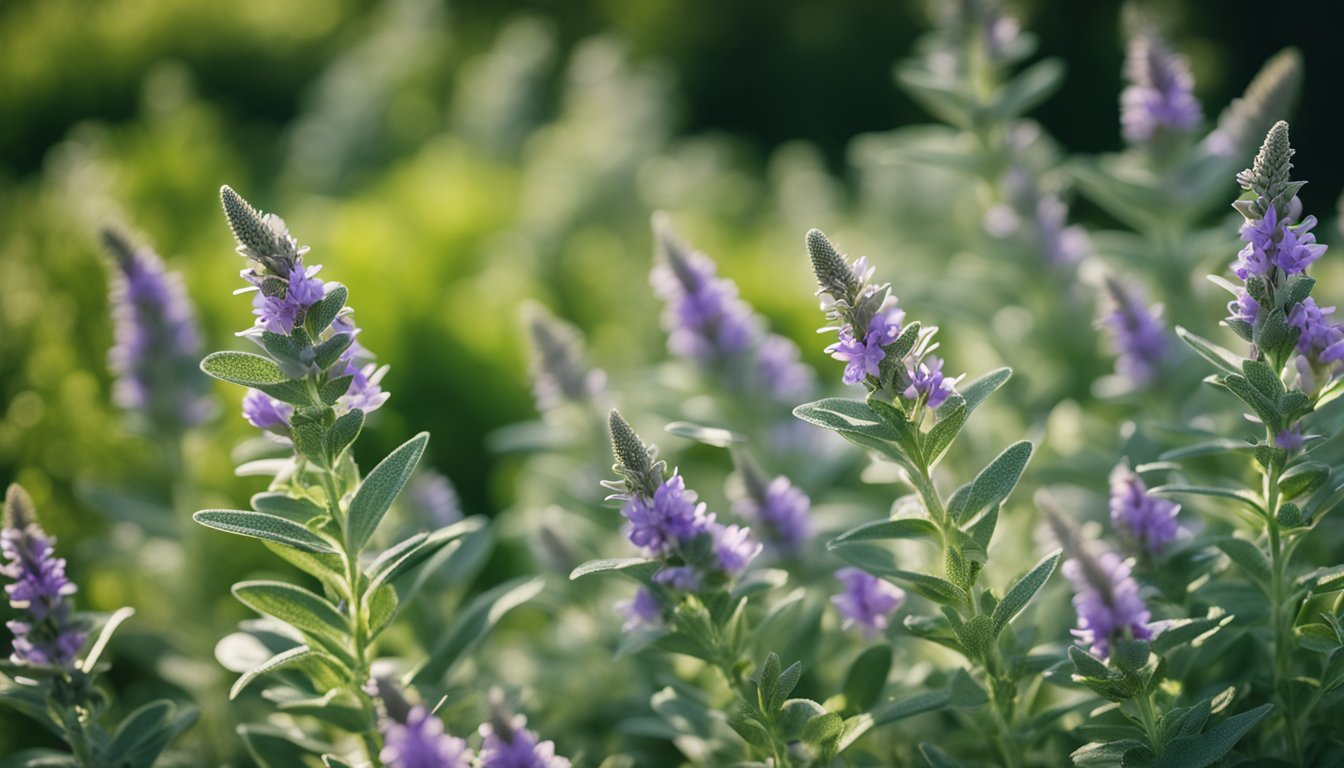 Sage plants in full bloom, surrounded by a variety of vibrant herbs, creating a picturesque and inviting garden scene