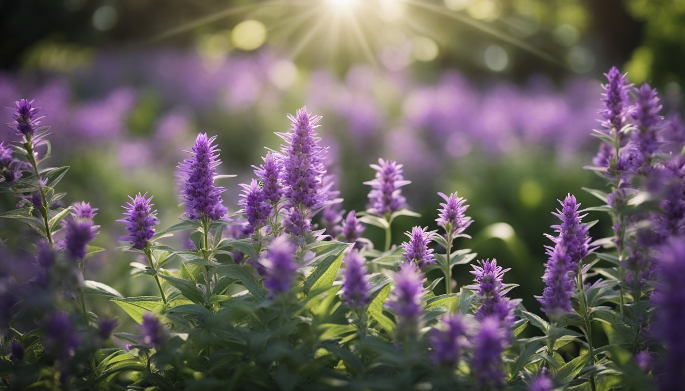 The sage plants burst with purple flowers in a lush herb garden, showcasing their natural beauty and ecological importance