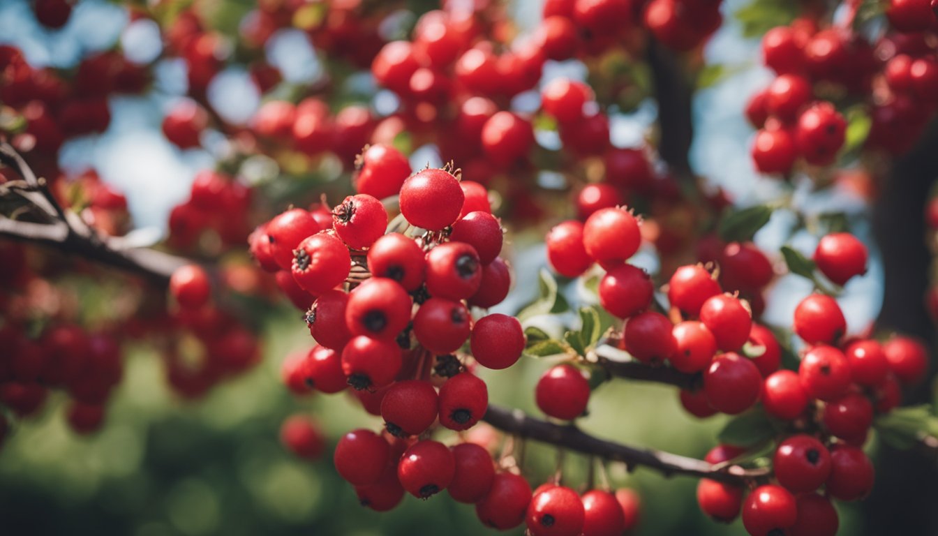 A hawthorn tree, laden with bright red berries, stands in full bloom, creating a picturesque landscape that showcases the plant's natural beauty and health benefits